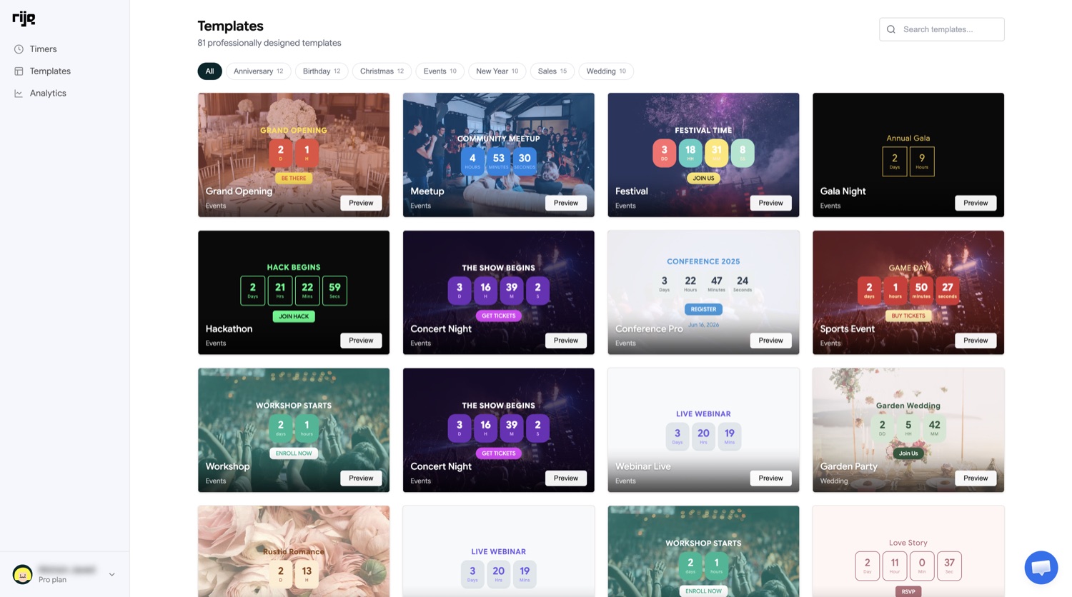 80+ templates, ready to launch - Rija dashboard